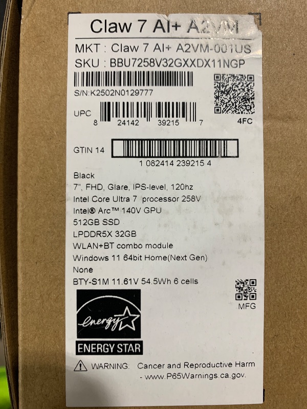 Photo 1 of MSI Claw A1M PC Gaming Handheld: Intel Ultra 7-258V, 7" FHD 120Hz Display, 32GB LPDDR5, 512GB NVMe SSD, MicroSD Card Reader, Thunderbolt 4, Win 11 Home: Black 7 AI+ A2VM-001US