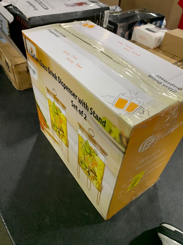 Photo 1 of 1 Gallon Drink Dispenser,2 Pack Glass Beverage Dispenser With Stand,Juice Containers with Lid for Party,Drink Dispensers for Parties With Spigot for Lemonade/Soda/Tea