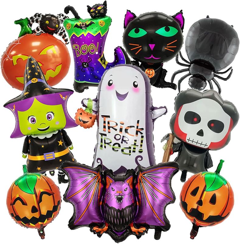 Photo 1 of 10 Pcs Halloween Foil Balloons Large Ghost Spider Pumpkin Bat Skeleton Witch Boo Mylar Balloons for Spooky Halloween Birthday Party Decorations