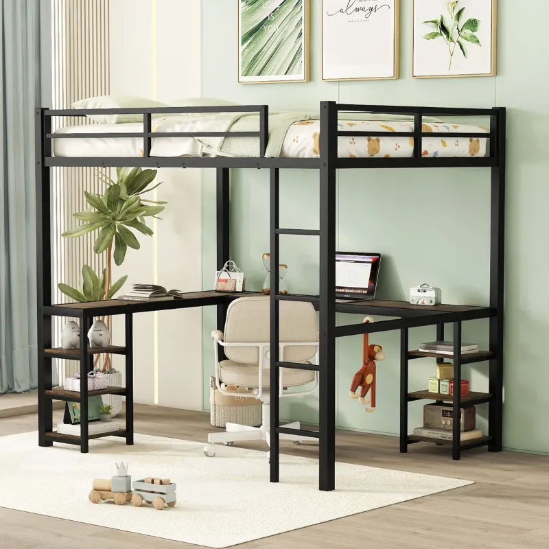 Photo 1 of [SET 2 OF 2] Full Metal Loft Bed with Desk & Storage Shelves, Space-Saving Bed Frame with Ladder & Guardrails for Teens & Adults, Black Finish