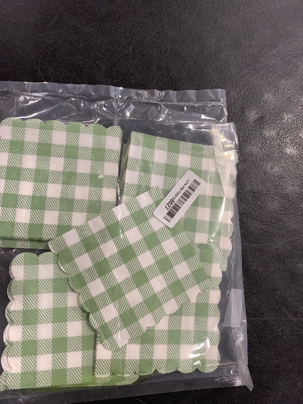 Photo 1 of 100 Pcs Sage Green Gingham Napkins, Disposable Sage Green Napkins Scalloped Napkin Plaid Paper Napkin for Wedding Summer Picnic Barbecue Baby & Bridal Shower