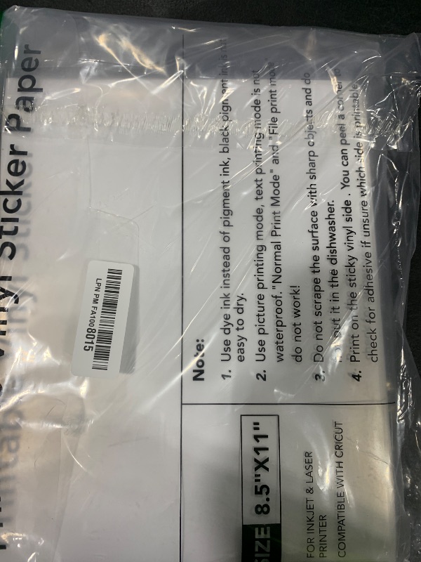 Photo 1 of 100 PCS Sticker Paper for Inkjet Printer, Printable Vinyl Sticker Paper Dries Quickly Vivid Colors, 8.5"x11" Tear Resistant Printable Vinyl, Glossy White, Inkjet & Laser Printer