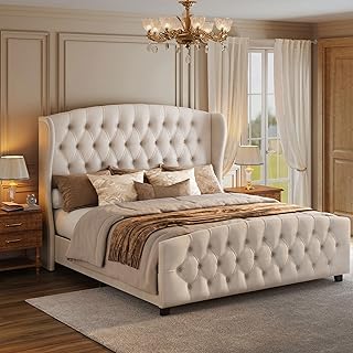 Photo 1 of VASAGLE King Bed Frame with Tall Headboard, Upholstered Platform Bed Frame King Size, with Wingback Tufted Headboard and Footboard, Wooden Slats, No Box Spring Needed, Cappuccino Beige URMB884W01