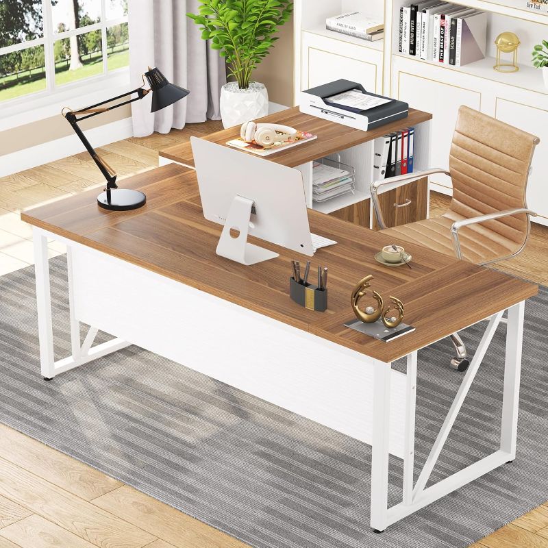 Photo 1 of Tribesigns 63 inches Executive Desk and 47" lateral File Cabinet, L-Shaped Computer Desk Home Office Furniture Set with Drawers and Storage Shelves, Office Table with Cabinet (Walnut+White, 63)