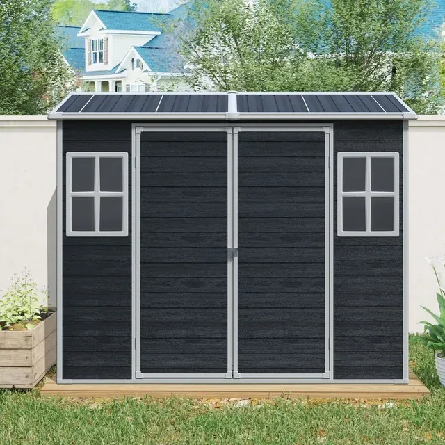 Photo 1 of Black 8ft x 4ft Resin Outdoor Storage Shed with Windows & Double Door - Durable Garden Shed for Patio, Yard & Lawn - Weather-Resistant Storage Solution