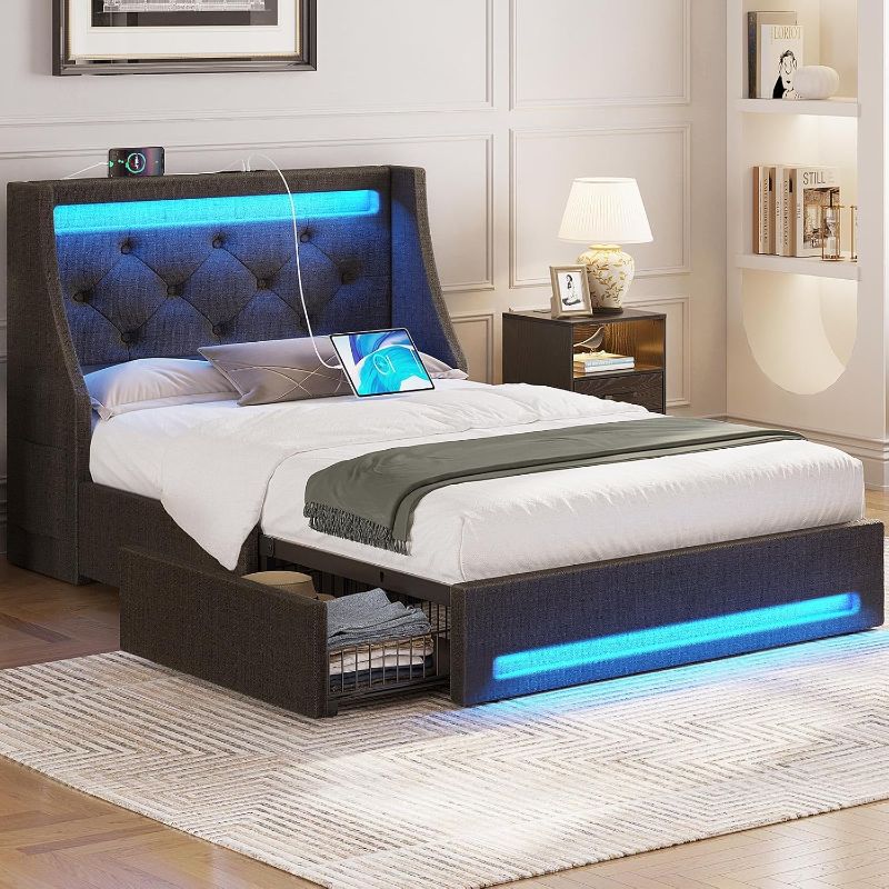 Photo 1 of Rolanstar Twin Bed Frame with LED Lights and Charging Station, Upholstered Bed with Drawers, Wooden Slats, Noise Free, Easy Assembly, Dark Gray