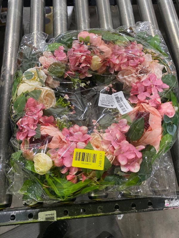 Photo 1 of [Lighted & Timer] 22" Spring Summer Wreaths for Front Door Peony Wreath with Lights Pink Silk Flower Hydrangea Rose Green Leaves Floral Wreath for Home Wall Window Wedding Party Indoor Outdoor Decor