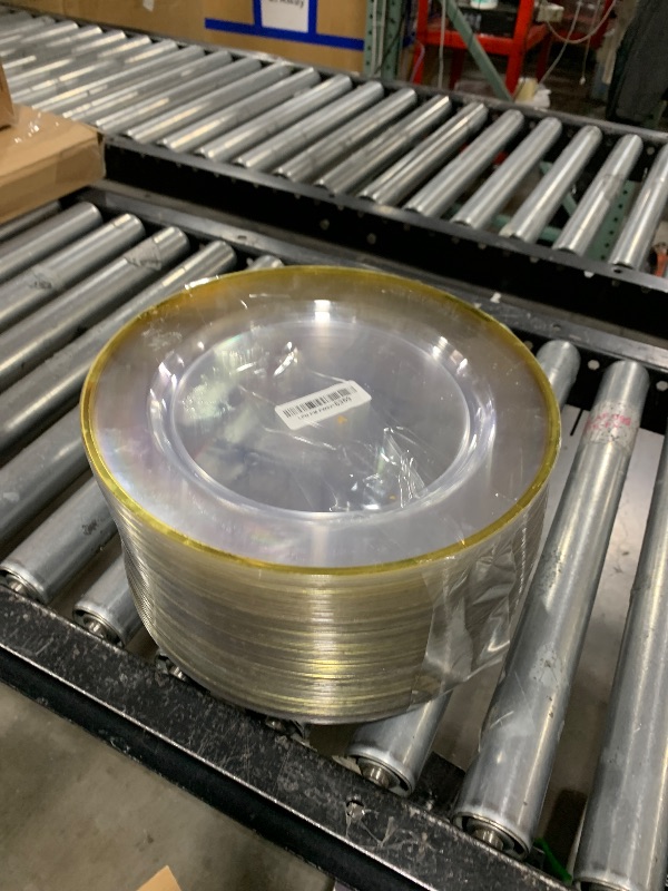 Photo 1 of Goodluck 12 Inch Disposable Charger Plates Plastic, 100 Pack Plastic Clear Charger with Gold Rim, Gold Charger Plates for Dinner, Wedding, Party