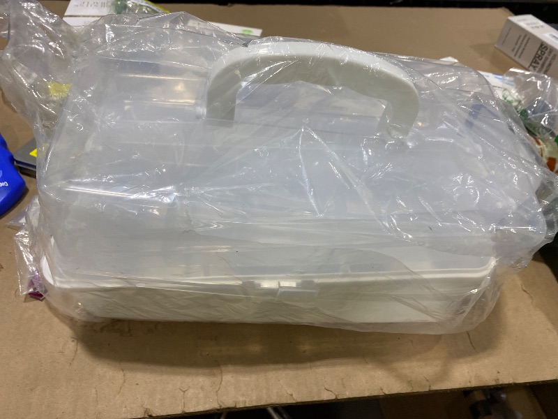 Photo 1 of 12.9in Three-Layer Multipurpose Storage Box with Handle Portable Tackle Box Folding Art & Craft Case Sewing Supplies Organizer for Makeup, Medicine, Nail, Hair Accessories (White)