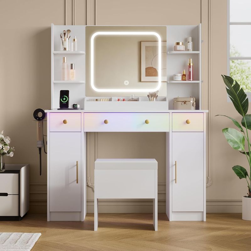 Photo 1 of WLIVE Makeup Vanity Desk with Lights, LED White Vanity with Lighted Mirror, Charging Station, RGB Vanity Table Set with 3 Drawers, 2 Cabinets and Chair for Bedroom, Bathroom