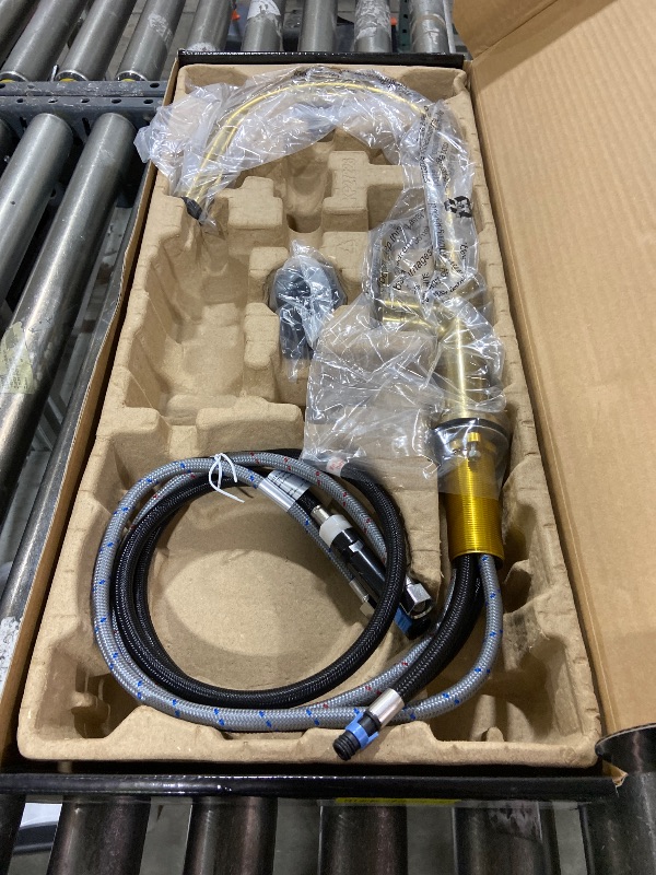 Photo 1 of KRAUS Oletto Single Handle Pull Down Kitchen Faucet in Spot-Free Brushed Brass, KPF-2820BB