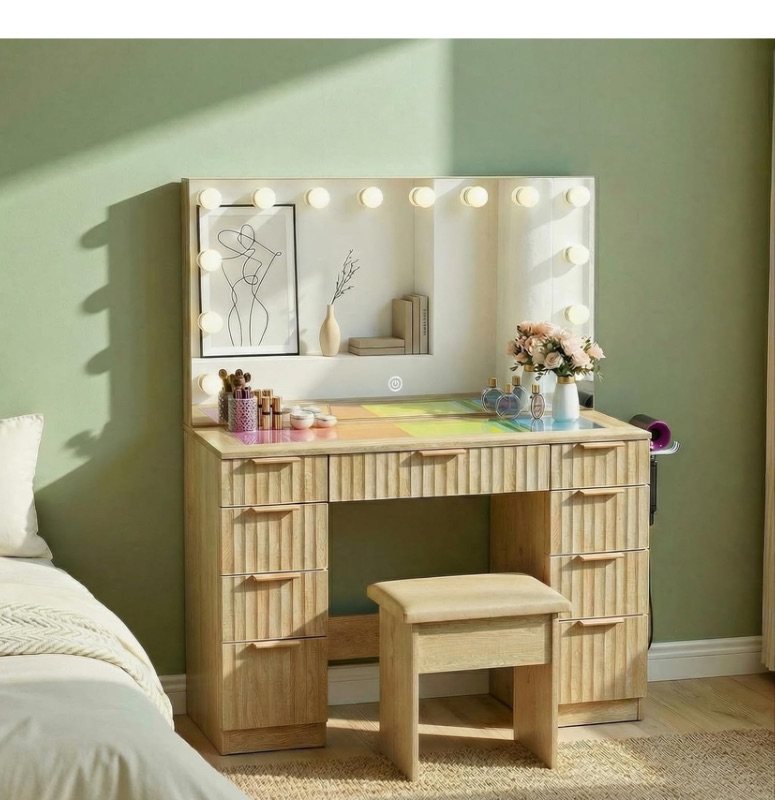 Photo 1 of Vanity with Mirror and Lights, 43" Makeup Vanity Desk with LED Light, Glass Top Vanity with RGB Drawers, 3 Color Lighting Modes Adjustable Brightness, Makeup Table for Bedroom