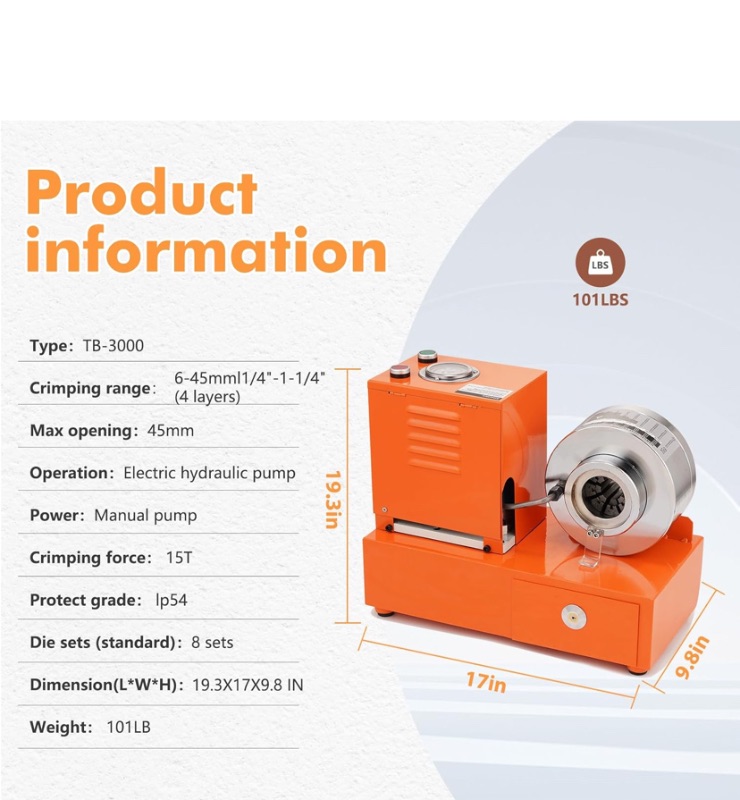 Photo 1 of Electric Hydraulic Hose Crimper Tool with 8 Dies – 110V Portable Crimping Machine for AC Lines, Automotive, Excavators, Agricultural Equipment – Multi-Diameter Hydraulic Pipe & Fuel Line Crimper Kit