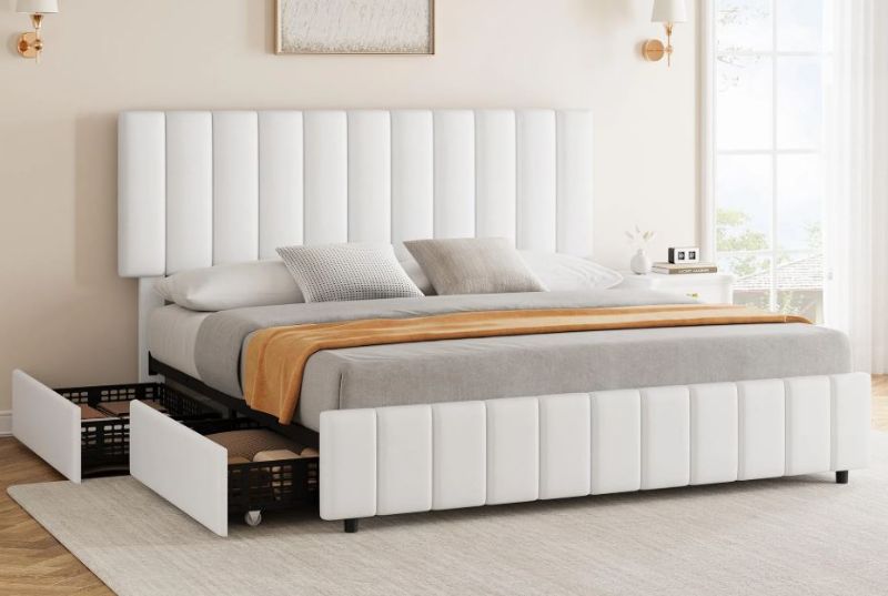 Photo 1 of Garvee White Queen PU Leather Upholstered Bed Frame with 4 Storage Drawers, Adjustable Headboard, Sturdy Wooden Slats, No Box Spring Required, Easy Assembly

