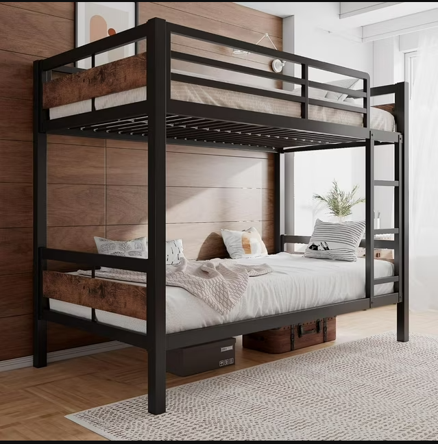 Photo 1 of Honfach Bunk Bed Twin Over Twin, Heavy Duty Metal Bed with Ladder and Full-Length Guardrail, Under-Bed Storage Space, No Box Spring Needed, Noise Free,Rustic Brown