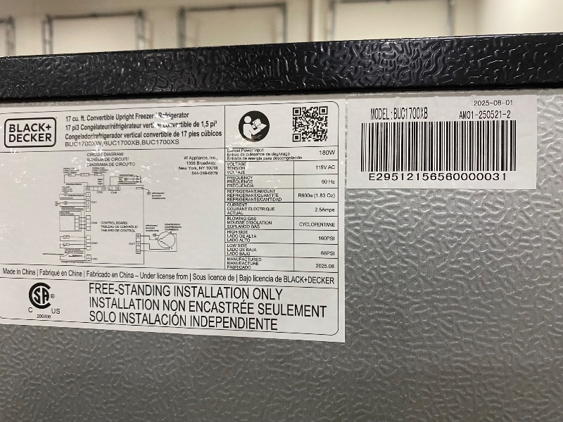 Photo 1 of BLACK+DECKER 17 Cu. Ft. Convertible Freezer Refrigerator, Upright Freezer with Glass Shelves, ENERGY STAR rated, Frost Free, BUC1700XB, Black