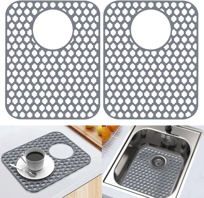 Photo 1 of 2 Pack Silicone Sink Protector for Kitchen Sink Bathroom, 13.58" x 11.6" Heat-resistant Sink Mat Non-Slip and Durable Silicone Protectors, Rear Drain, Gray