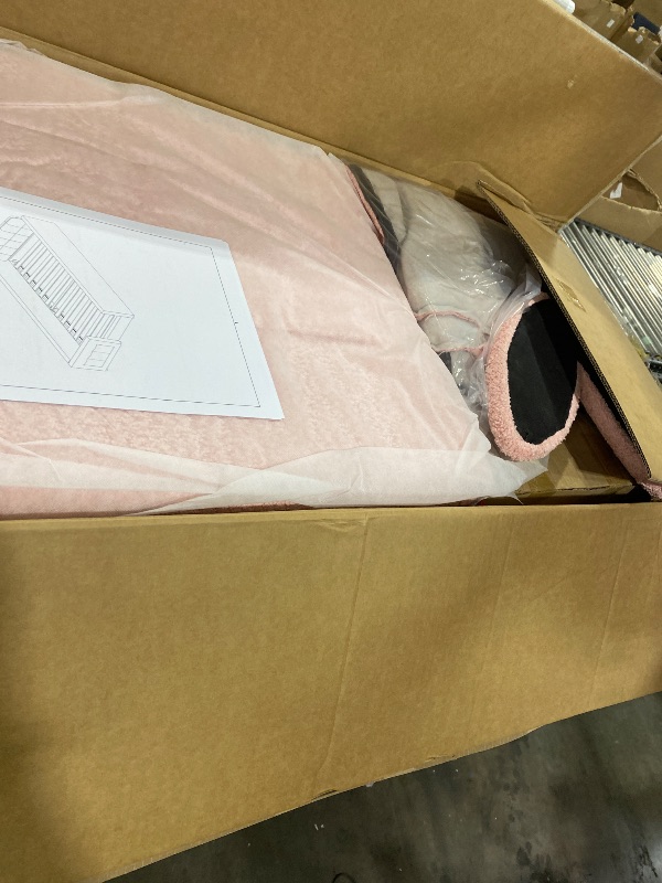 Photo 1 of KEIKI Twin Size Upholstered Platform Bed Frame with Cute Rabbit Ear Shaped Headboard and Pocket, for Boys and Girls, Platform Bed with Guardrail and Slats, No Box Spring Required, Easy Assembly, Pink