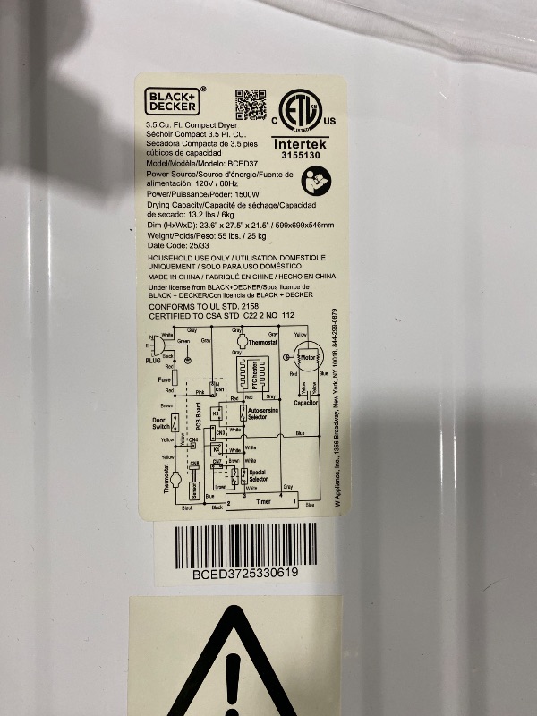 Photo 1 of BLACK+DECKER BCED37 Compact Dryer for Standard Wall Outlet, Small, 4 Modes, Load Volume 13.2 lbs., White