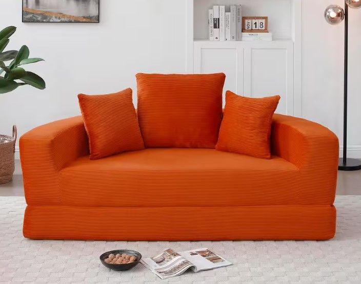 Photo 1 of HOMEFUN 67 in. Modern Orange Corduroy Twin Size Convertible Circular Sofa Bed with 3-Pillows