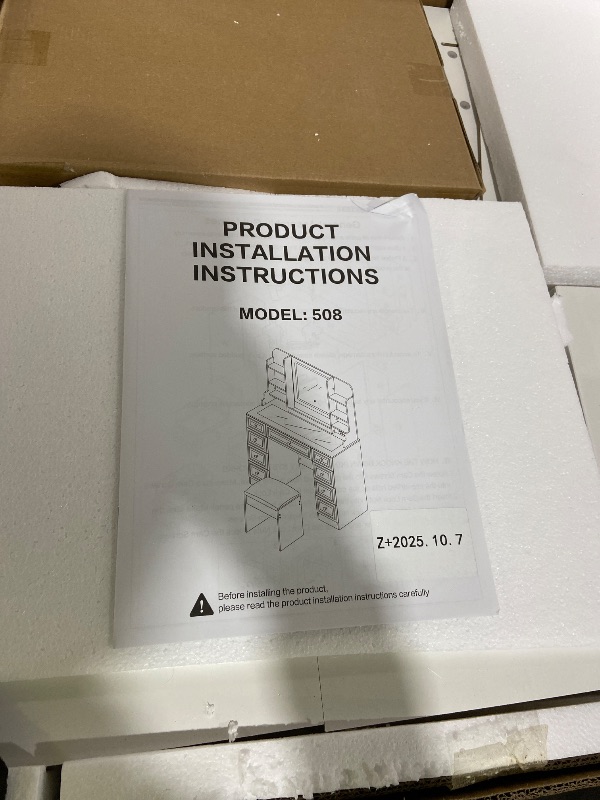 Photo 1 of Arulvmrn 43" Makeup Vanity Desk with Mirror and Lights, & Power Outl, Glass Top Big Vanity Table with 9 Drawers& 8 Storage Shelves, Dressing Table Set with Chair for Bedroom, White