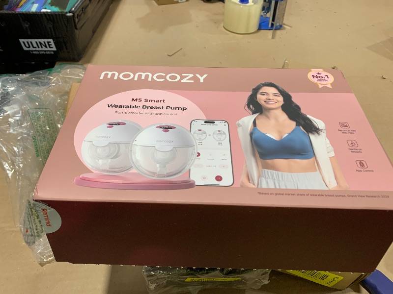 Photo 1 of Momcozy M5 Smart APP Controlled Wearable Breast Pump, Hands-Free Wireless Electric Pump, 3 Modes 9 Suction Levels, BPA-Free, Portable Lightweight, 24mm Flange, 2-Pack Quill Gray