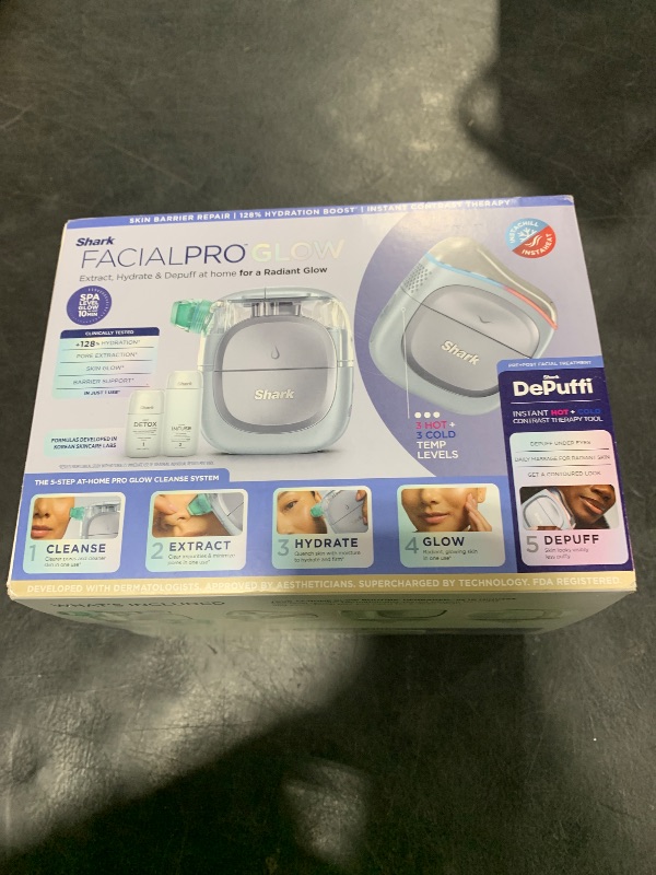 Photo 1 of Shark FacialPro Glow at-Home Hydro-Powered Facial System with DePuffi Hot & Cold Therapy – Professional Spa Skincare Device for Pore Cleansing, Hydration, & Radiant Glow, Blue, FH320