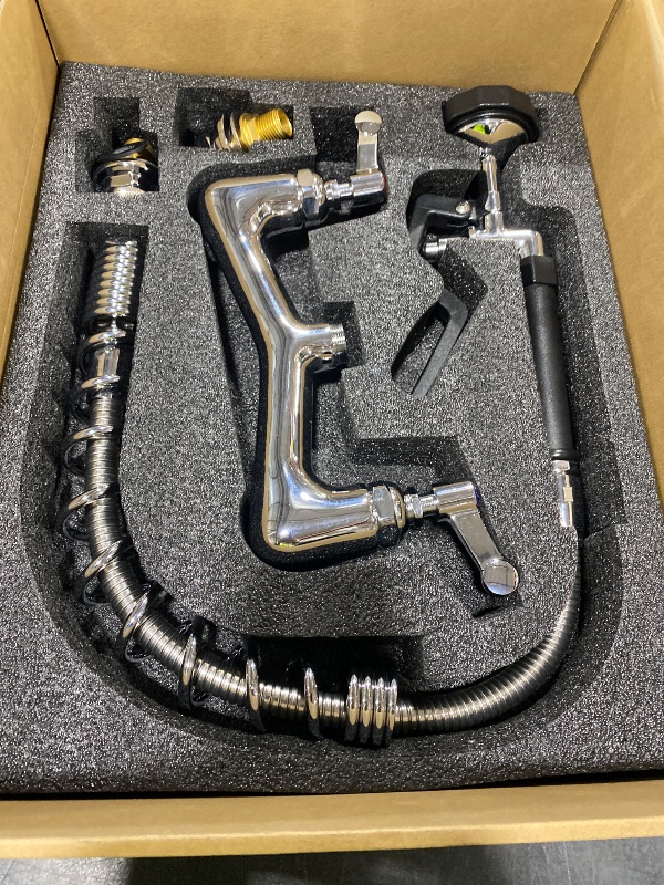 Photo 1 of FAUAID Commercial Sink Faucet with Sprayer 25" Height 8" Adjustable Center 10" Swing Spout,Brass Constructed Wall Mount Commercial Faucet with Pull Down Pre-Rinse Sprayer for 1/2 Compartment Sink?25"?