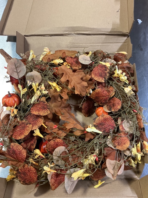 Photo 1 of [ Timer & Thick ] 22 Inch 20 LED Fall Wreaths for Front Door Thanksgiving Decorations Fall Leafed Twigs Berried Pumpkin Eucalyptus Thanksgiving Wreath Battery Operated Warm Lights Home Autumn Wreath