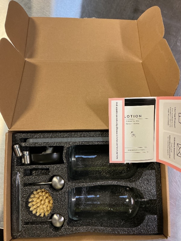 Photo 1 of [Luxury] Kitchen Soap Dispenser Set - 16OZ Clear Glass Bottle, Stainless Steel Pump, Instant Dry Tray, Waterproof Labels, Non-Slip Silicone Pad, and Dish Brush | Upgrade for Your Kitchen and Bathroom