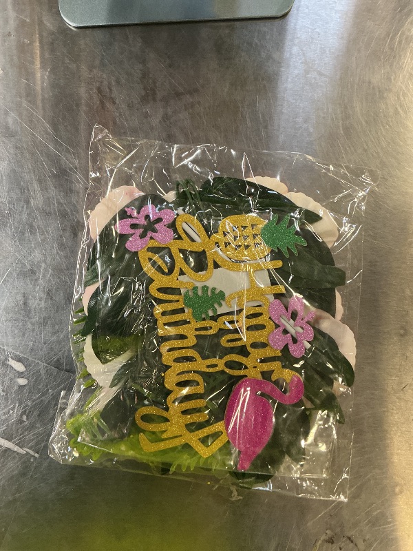 Photo 1 of 13 PCS Hawaiian Flower Cake Toppers Summer Cake Decoration with Palm Leaves and Hibiscus Flower for Hawaiian Aloha Flamingo Themed Birthday Supplies (Type 2)