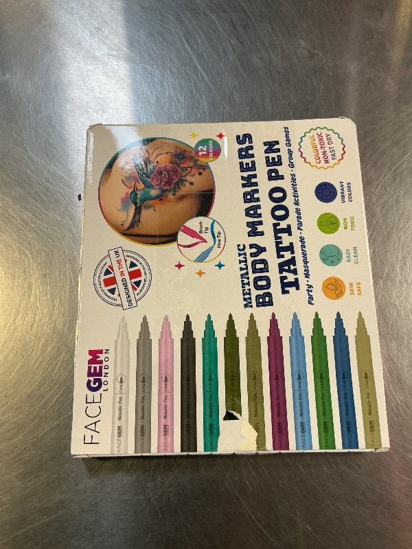 Photo 1 of 12 Metallic Temporary Tattoo Markers – Create Temporary Tattoos with Dual-Tip Body Markers, Bold & Fine Lines, Waterproof, Fast-Drying, Non-Toxic, 42 Stencils, Fake Tattoos Set, Tattoo