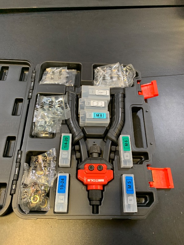 Photo 1 of WETOLS 3 in 1 Rivet Nut Tool, Rivet Gun, Reamer Set, Professional Rivet Gun Kit with 5 Rivet Heads and 6 Metric & SAE Mandrels, Hand Riveter Tool with 50 Rivets and 60 Rivet Nuts, Sturdy Case, WE-890