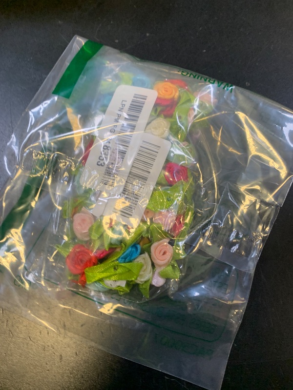 Photo 1 of 100 Pcs Multicolor Mini Ribbon Rose Flower Ornament, Satin Fabric Rose Buds with Leaves, Mixed Color Roses Sewing Appliques Trim and Embellishments for Jacket Skirt Decor Fabric Ribbons Trim
