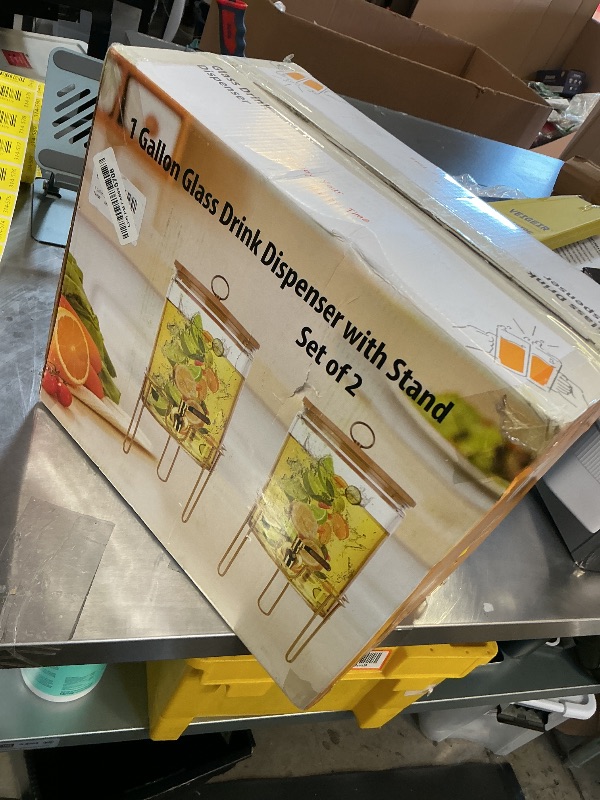 Photo 1 of 1 Gallon Drink Dispenser,2 Pack Glass Beverage Dispenser With Stand,Juice Containers with Lid for Party,Drink Dispensers for Parties With Spigot for Lemonade/Soda/Tea