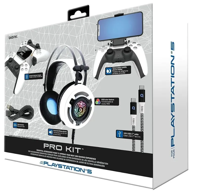 Photo 1 of Bionik Pro Kit Essential Accessories For Sony PlayStation 5. Enhance your gaming experience with the Bionik BNK-9083 PS5 Pro Kit. This essential accessory bundle includes a high-quality headset, a convenient charge base, and reliable cables. Designed spec