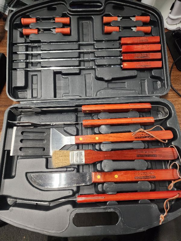 Photo 1 of Lexi Home 18 Pc BBQ Tool Set with Carrying Case - Cherry Wood. Upgrade any BBQ experience by investing in the 18 piece BBQ grilling tool accessory set with teak wood stained handles and sturdy plastic carrying case. The BBQ tool set is durable due to the 