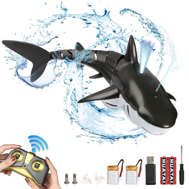 Photo 1 of Remote Control Pool Shark Toys - Upgrade 2.4GHz High Simulation RC Shark with Water Spray Diving Light for Swimming Pool Bathroom, Gift for Ages 6+ Boys Girls(Black) Black-upgrade