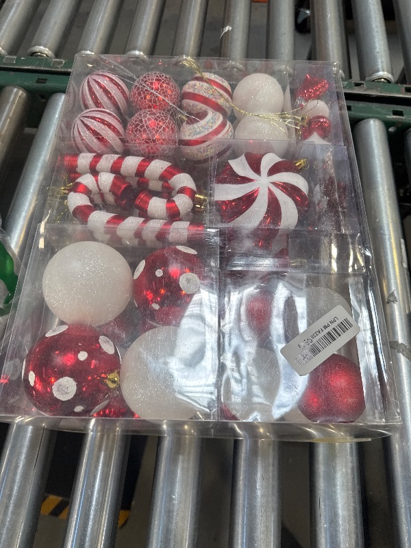 Photo 1 of 105Ct Red and White Christmas Ornaments Set Shatterproof Candy Cane Theme Decorations for Xmas Tree, Donut Polka Dot Assorted Ornaments for Holiday Festival Family with Kids Decor (Red&White)