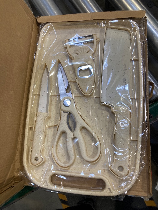 Photo 1 of 5 in 1 Mini Knife and Cutting Board Set, Small Cutting Board Camping Cutting Board Cutting Board Scissors, Smart Cutting Board and Knife Set, Dorm Kitchen Essentials Travel Knife Set (Wheaten)