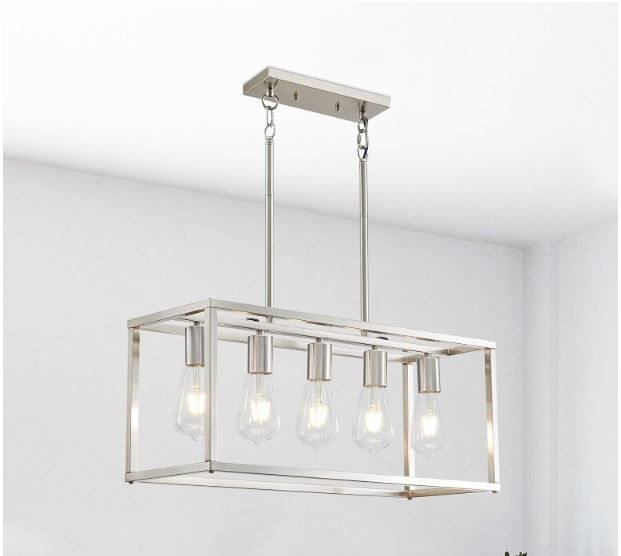 Photo 1 of 5-Light Pendant Lights for Kitchen Island Modern Dining Room Chandelier Linear Rectangular Kitchen Light Fixtures Hanging Lights for Dining Room Adjustable Height E26 Base Brushed Nickel