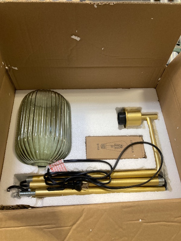 Photo 1 of ?Upgraded? Dimmable Glass Floor Lamp for Living Room, Modern Gold Standing Lamp with Green Ribbed Glass Lampshade & Knob Dimmer, Arc Tall Lamp for Bedroom Office Reading Room, 2700K Led Bulb Included