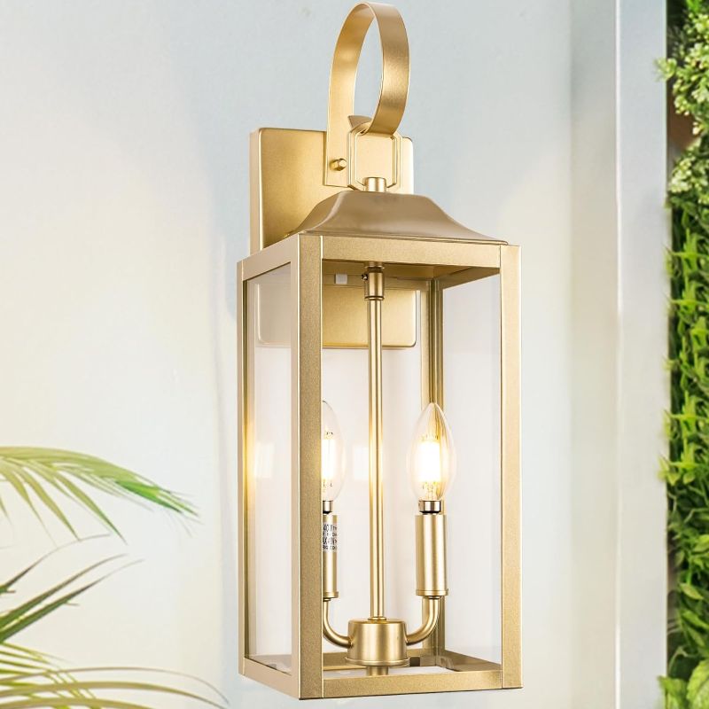 Photo 1 of 19" Gold Outdoor Wall Lantern 2-Light, Large Modern Wall Sconce Light Fixture, Industrial Porch Light with Glass, Waterproof Farmhouse Exterior Lamp (1 Pack)