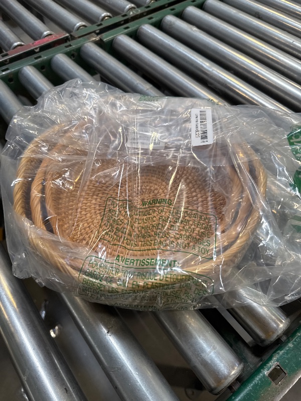 Photo 1 of 2 PCS ONLY --- HITOMEN Handmade Rattan Bread Baskets Round Wicker Fruit Serving Storage Bowls, Natural Woven Decorative Kitchen Counter Organizing (Honey Brown) Set of 2