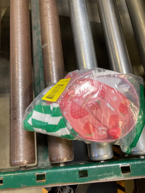 Photo 1 of 5 Pcs Halloween Strawberry Cake Costume with A Strawberry Printed Hat, A Cute Apron, Striped Stockings, Earrings and Necklace for Women Adult Halloween Cosplay Party Dress Up size small/medium