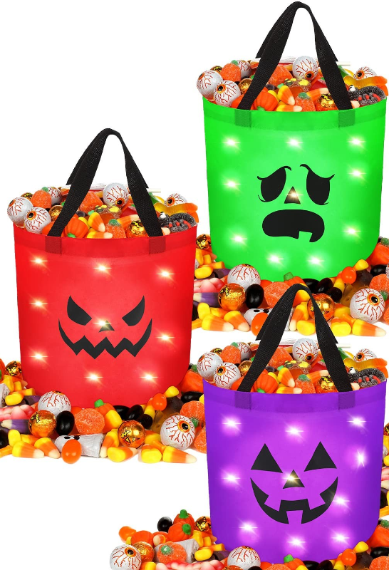 Photo 1 of Tanlade 3 Pcs Light up Halloween Trick or Treat Bucket Reusable LED Halloween Glow in The Dark Goody Candy Tote Bag Basket for Party Favor Supplies (Red, Green, Purple, Scary Face Style)