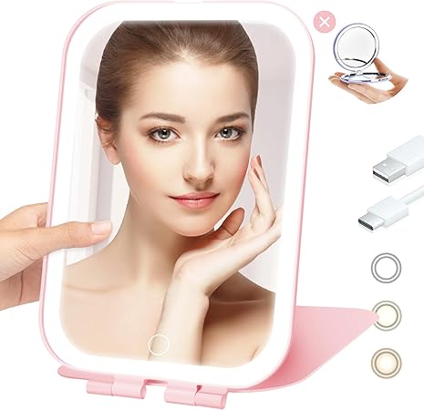 Photo 1 of Travel Mirror with Light, Rechargeable Portable Makeup Mirror with Battery-Powered, 3 Colors LED Lighting, Dimmable Touch Screen Vanity Lighted Mirror
