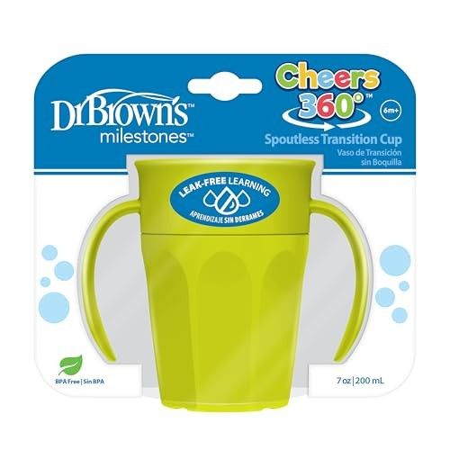 Photo 1 of Dr Brown's Milestones Cheers 360 Cup Spoutless Transition Cup with Handles for Easy Grip & Leak-Free Learning, Green, 7oz/200mL, 6m+