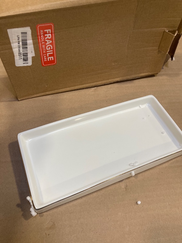 Photo 1 of 10 x 5 Ceramic Bathroom Tray for Countertop, Decorative Vanity Tray for Dresser Tops, Small Rectangular Trays for Perfume, Candle, Jewelry, Cosmetics (White)