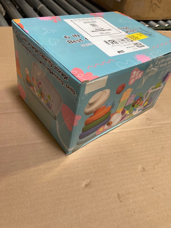 Photo 1 of 6 in 1 Baby Toys 6 to 12 Months, Montessori Toy for Toddlers 1-3, Infant Teething Babies Toy Stacking Blocks Rings Pull String Toy Sorter Sensory Bin